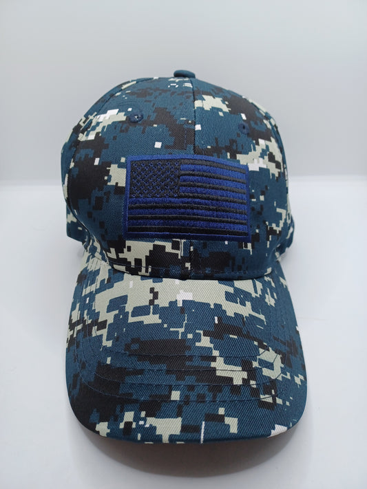 Blue Camo Printed Hat w/ Embroidered Blue American Flag