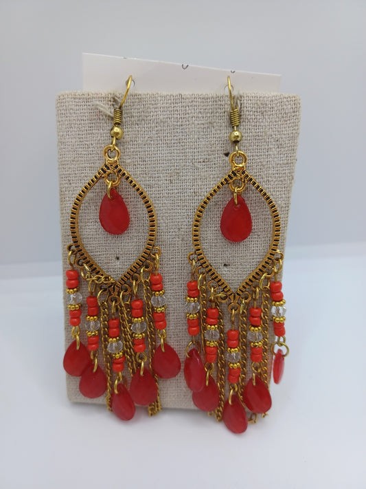 Gold Earrings w/ Red Dangle Beading
