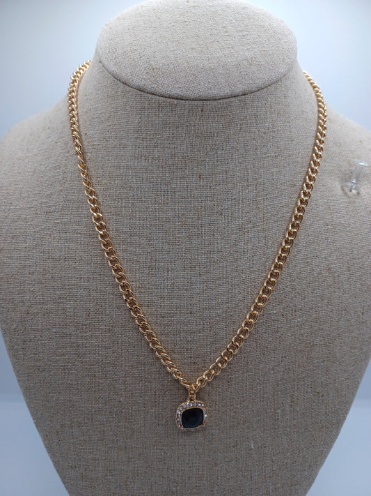 Gold Necklace w/ Black & Rhinestone Pendant