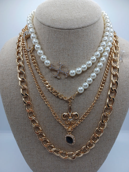 Layered Gold & White Pearl Necklace Set