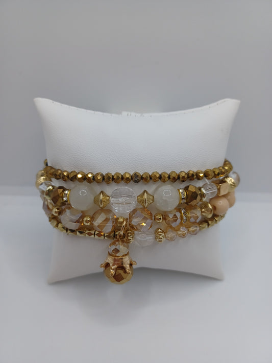 Brown, Brass, & Clear Beaded Bracelet Set