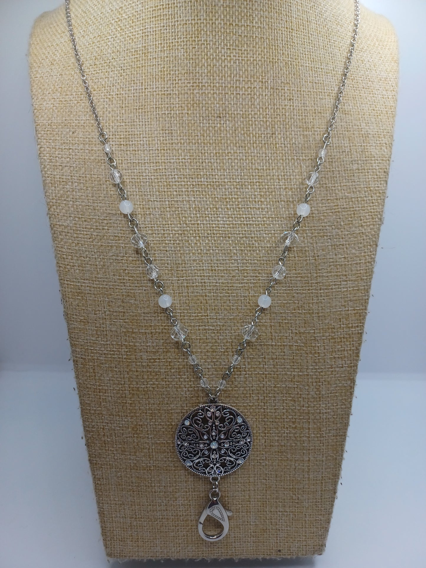 Silver Necklace w/ Filigree Pendant & Iridescent & White Beading & Lanyard Detail
