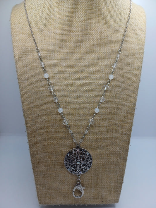 Silver Necklace w/ Filigree Pendant & Iridescent & White Beading & Lanyard Detail