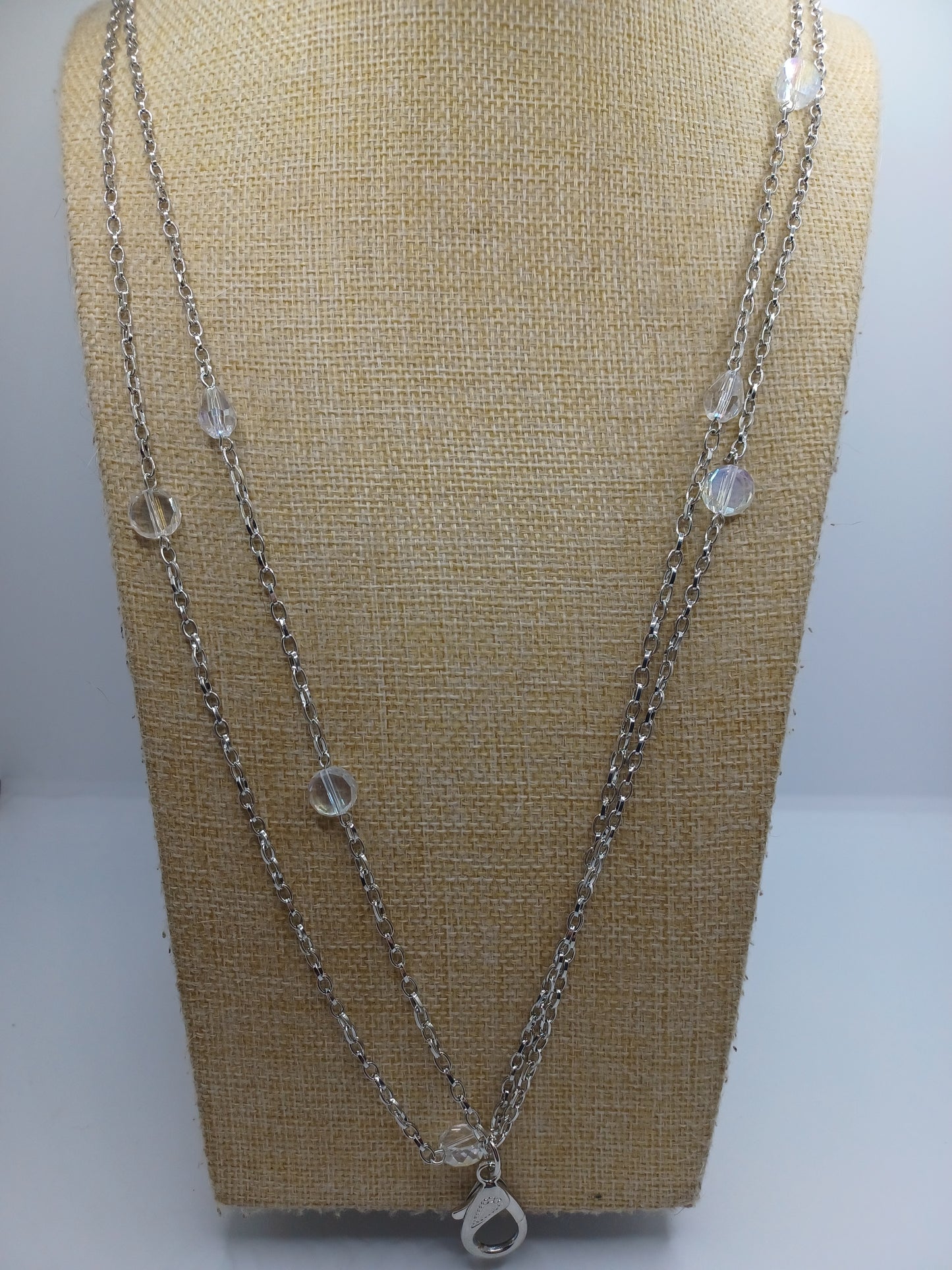Silver Double Layered Necklace w/ Iridescent Beading & Lanyard Detail