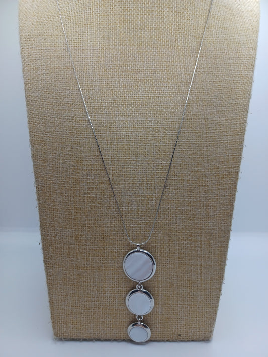 Silver Slim Chain Necklace w/ White Shell Triple Pendant
