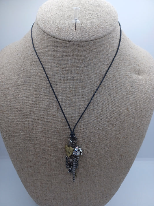Black Suede Necklace w/ Charm Cluster (Heart, Butterfly, flower, & Rhinestone Bead)