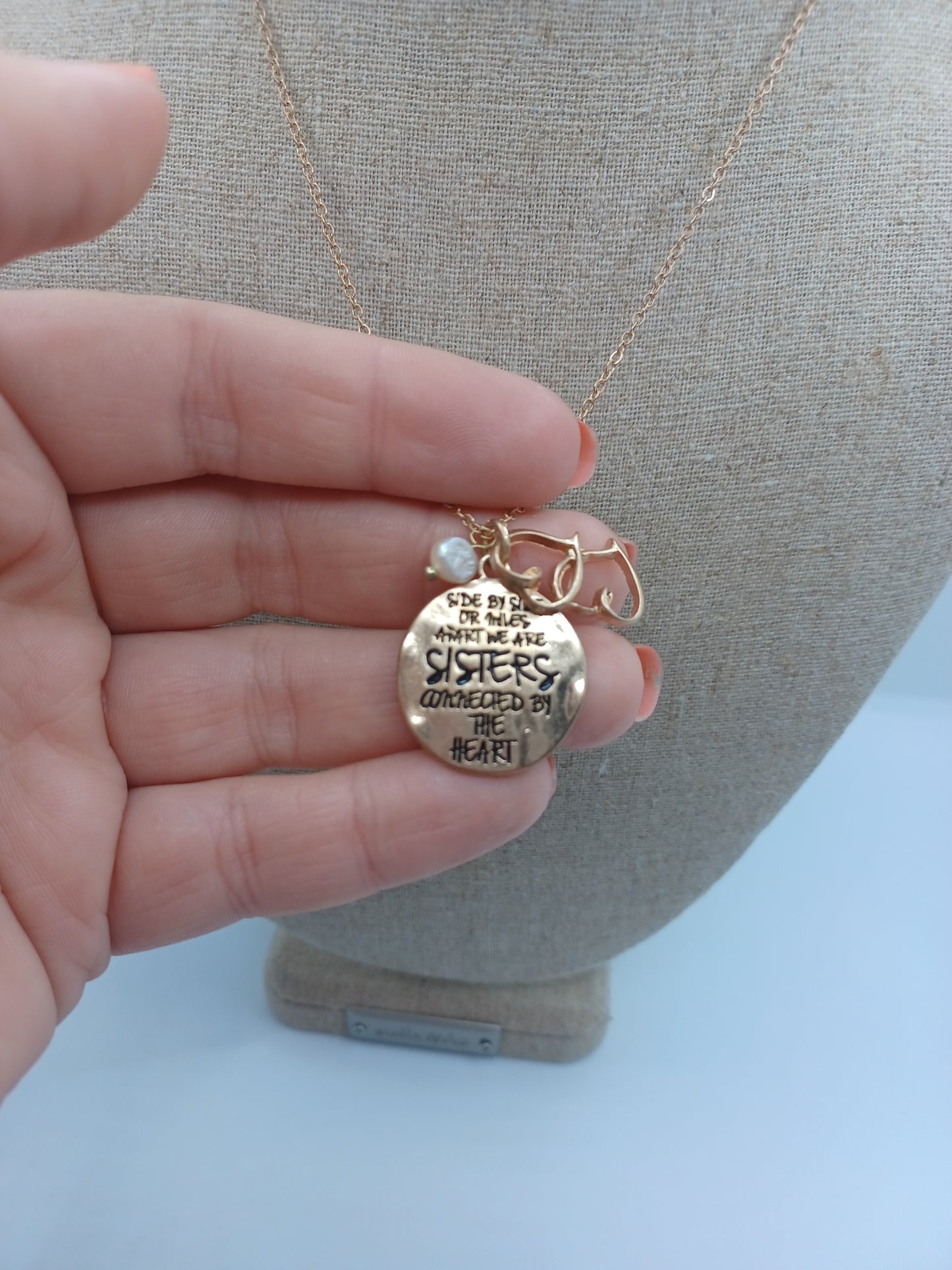 Gold Sisters Connected by Heart Necklace w/ Double Heart Charms