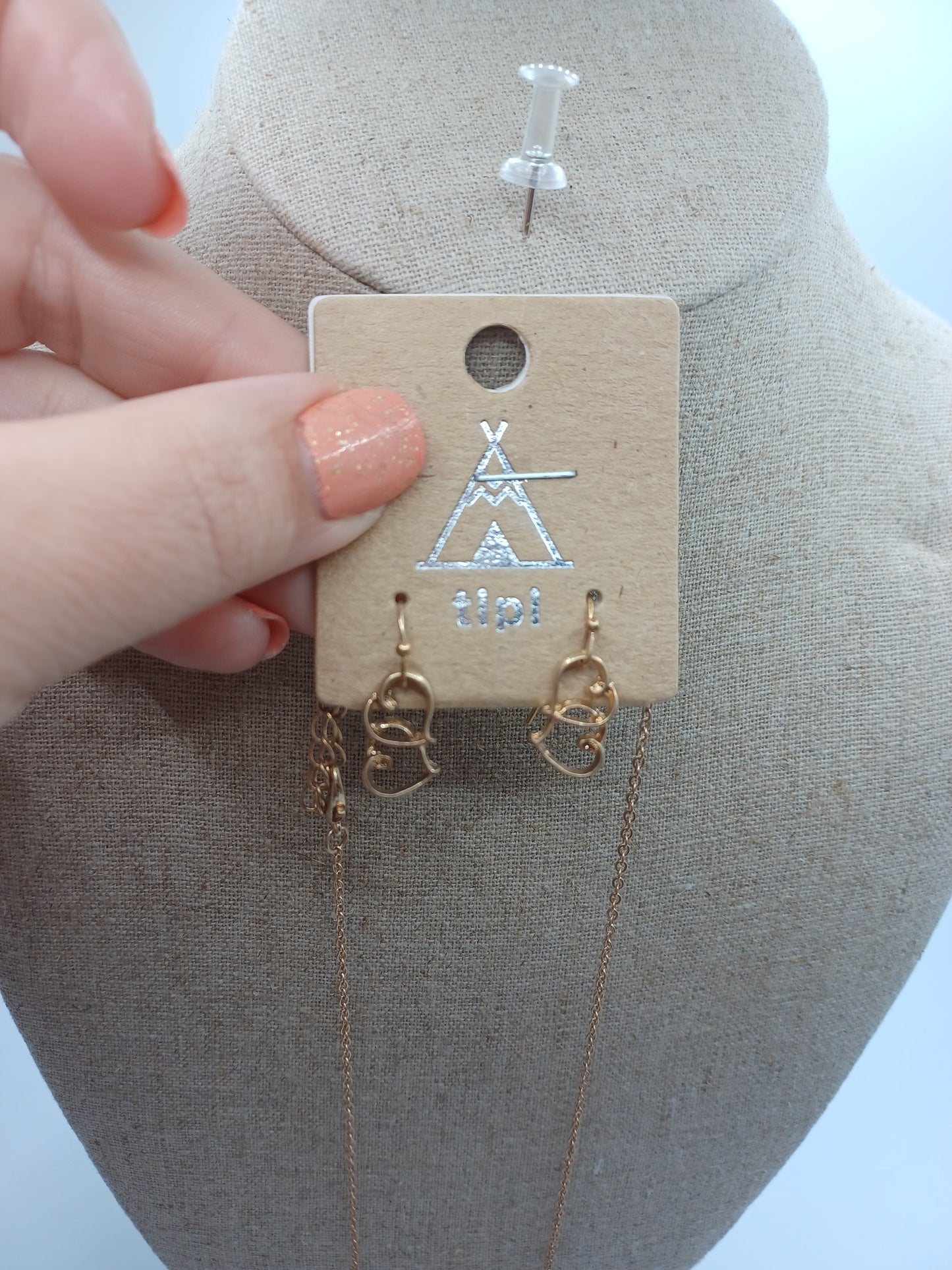 Gold Sisters Connected by Heart Necklace w/ Double Heart Charms