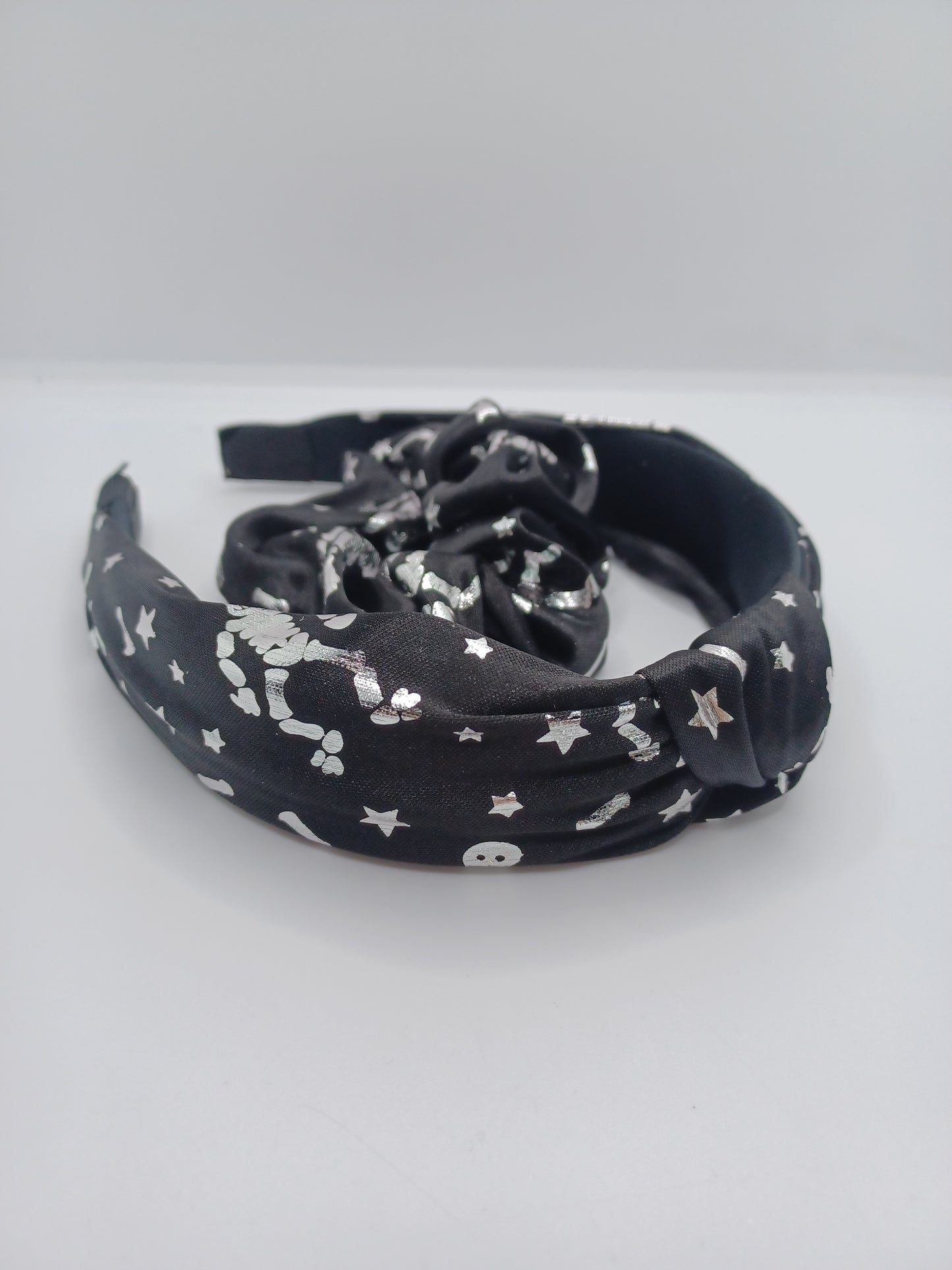 Black w/ Silver Skeleton Pattern Headband & Scrunchi Set