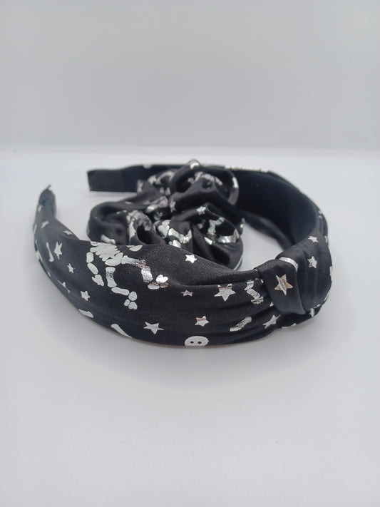 Black w/ Silver Skeleton Pattern Headband & Scrunchi Set