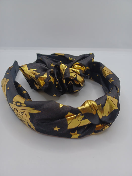 Black w/ Gold Witch Pattern Headband & Scrunchi Set