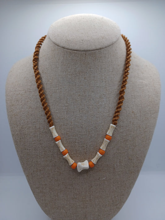 Brown Rope Style Necklace w/ White & Orange Beading