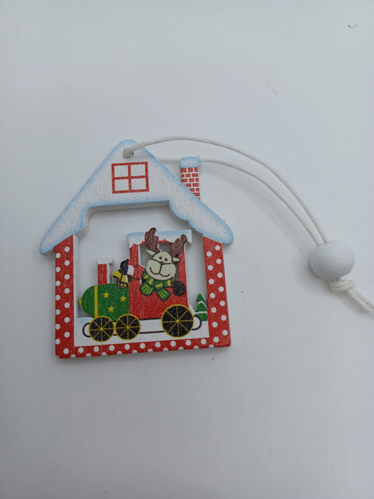 Reindeeer Riding a Train Wooden Ornament