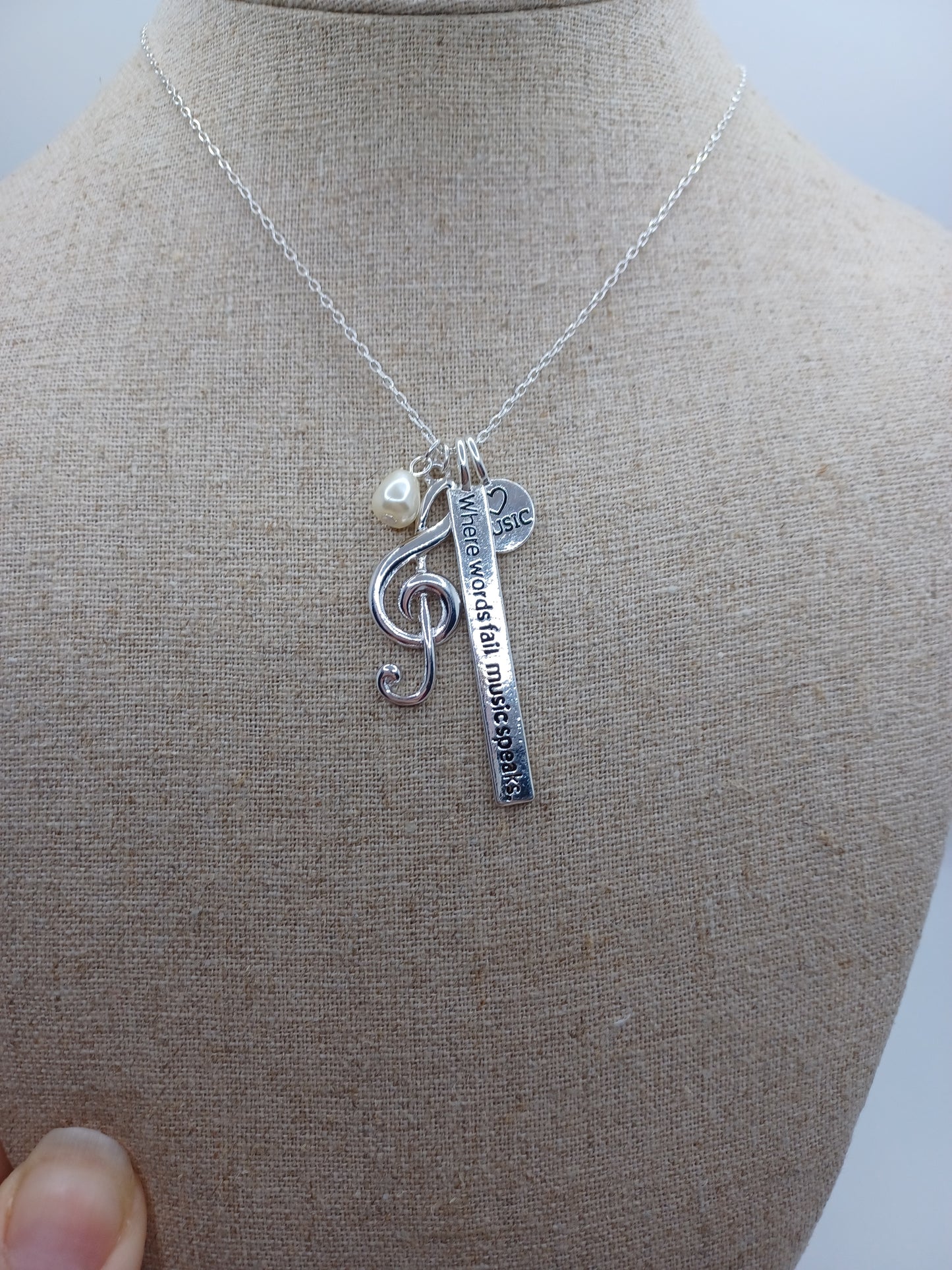 "Where Words fail Music Speaks" Necklace w/ Pearl & Music Note Charm
