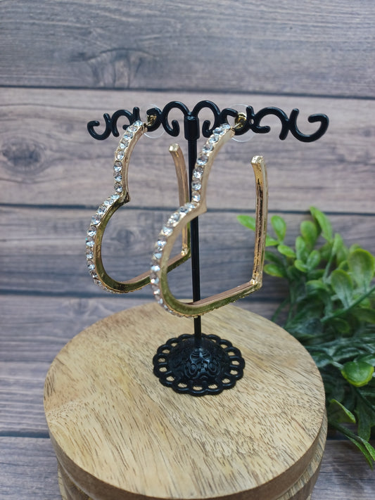 Gold Heart Hoop Earrings w/ White Rhinestones