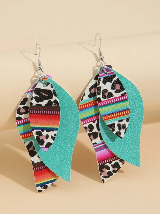 Triple Layered Multi Colored and Leopard Aztec Leather Style Earrings