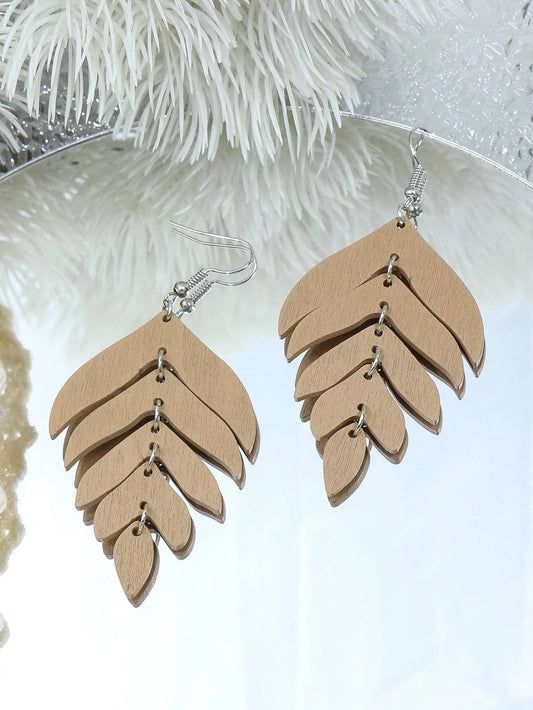 Tan Wooden Drop Style Leaf Earrings