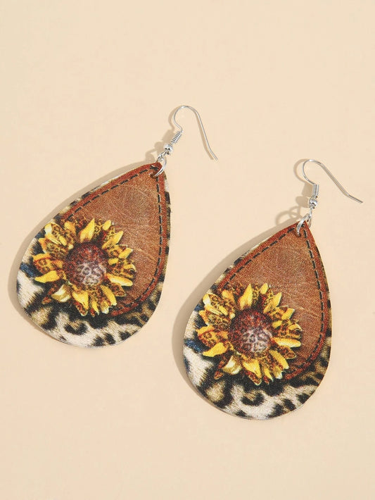 Sunflower w/ Leopard Detail Leather Style Earrings