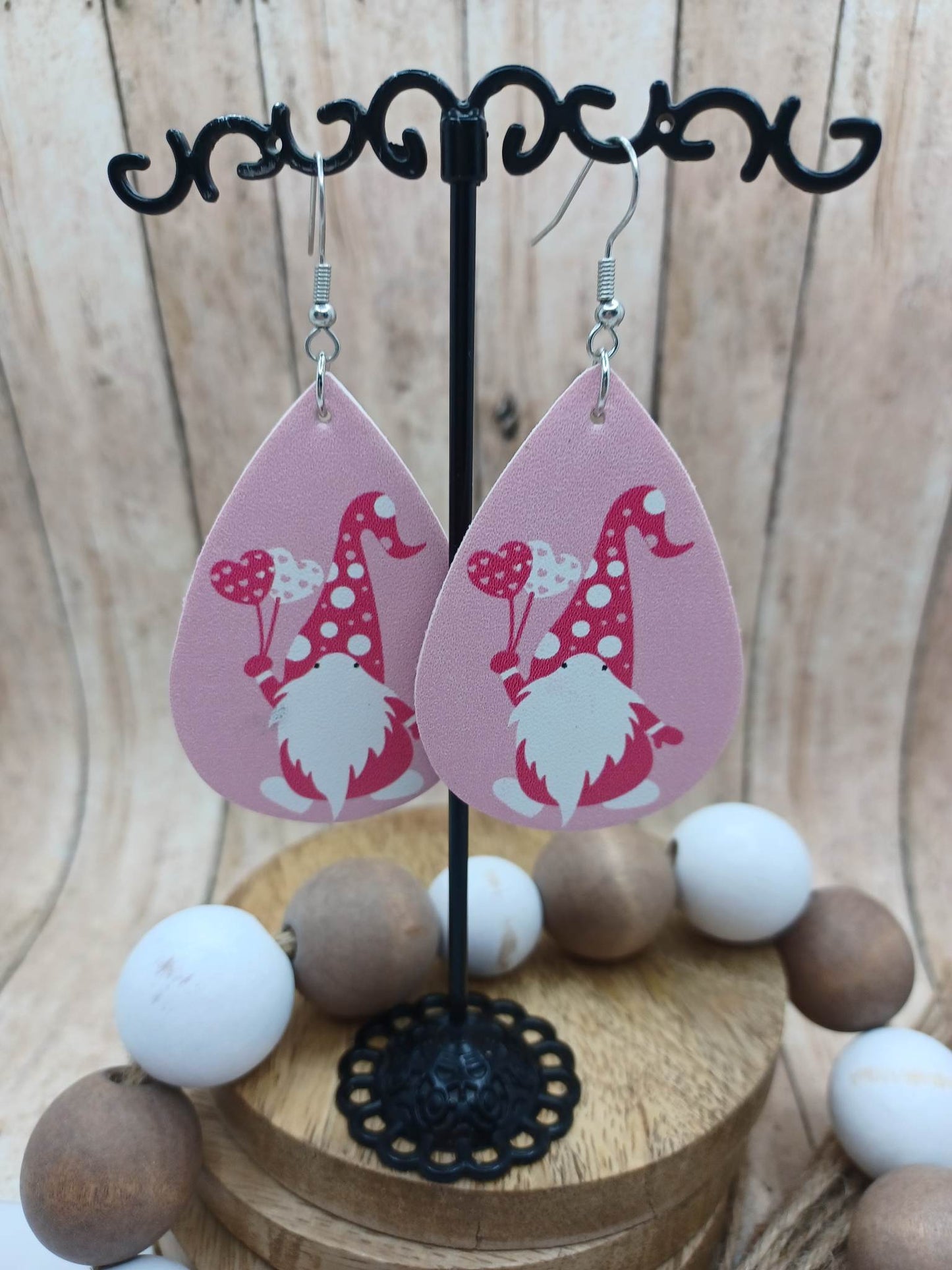 Pink Gnome Holing Heart Ballons Earrings