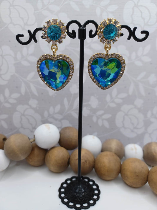 Blue & Green Oil Spill Heart Earrings