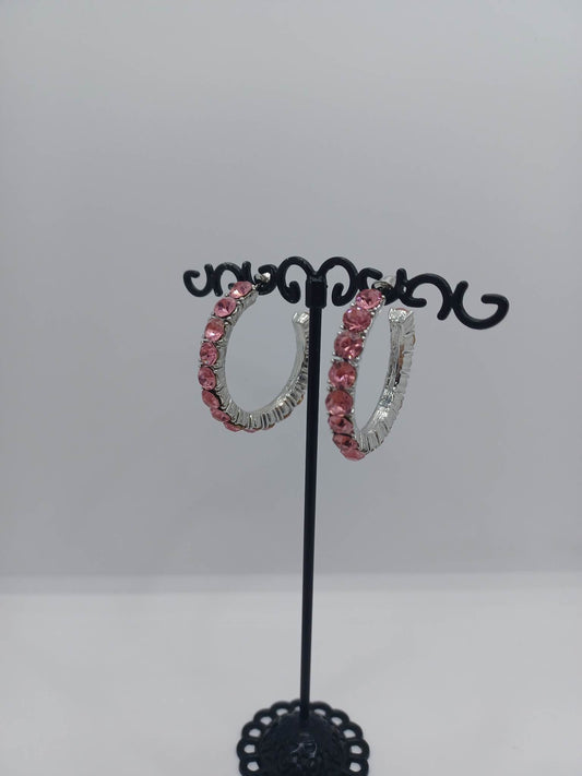 Silver Hoop Earrings w/ Pink Rhinestones