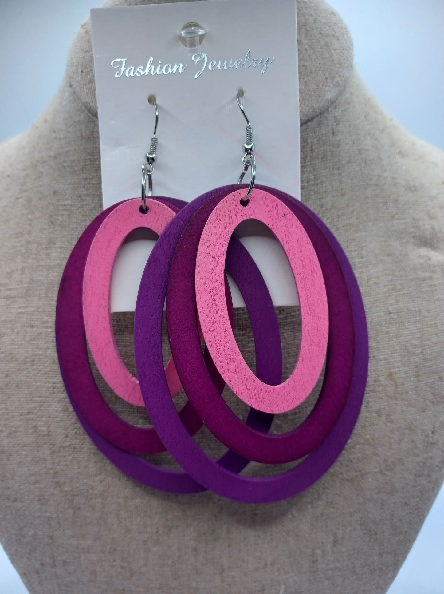 Triple Layered Pink & Purple Oval Wooden Earrings