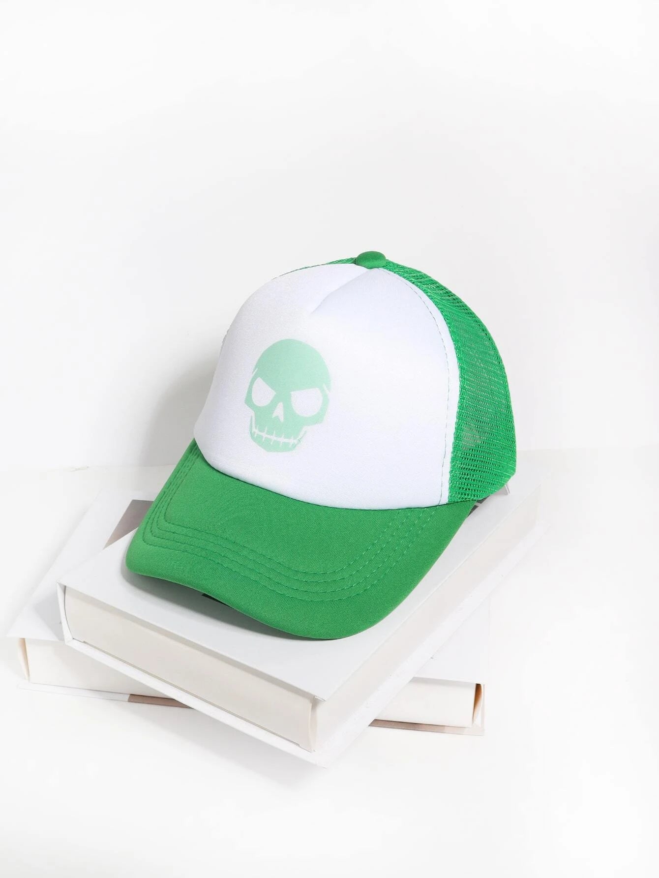 Green & White Hat w/ Skeleton Print & Soft Brim