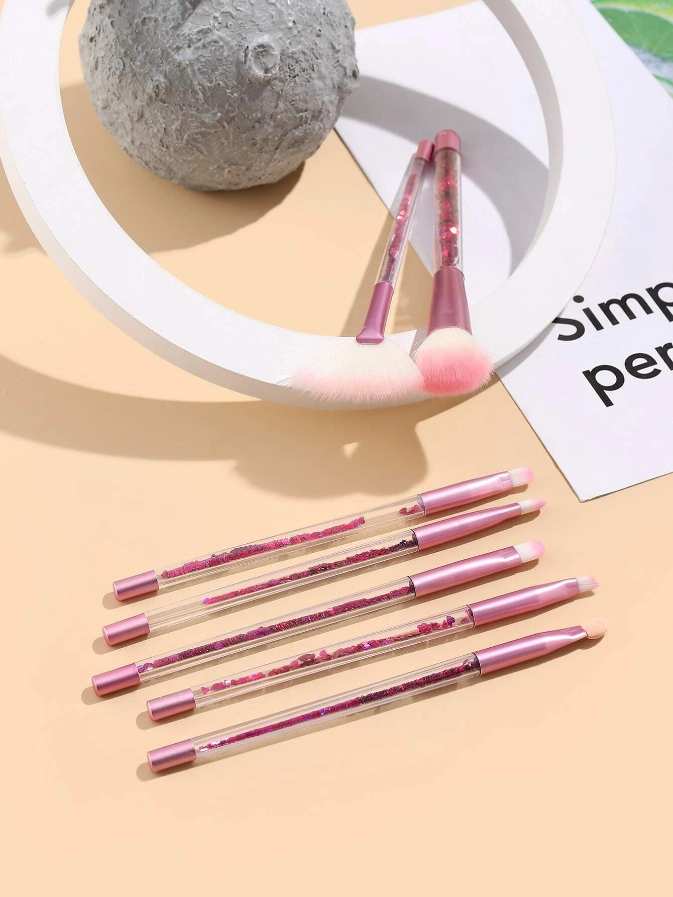 Rose Pink Makeup Brush Set w/ Purple Heart Confetti Handles