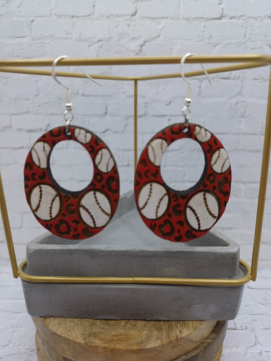 Red Baseball Wooden Engraved Earrings