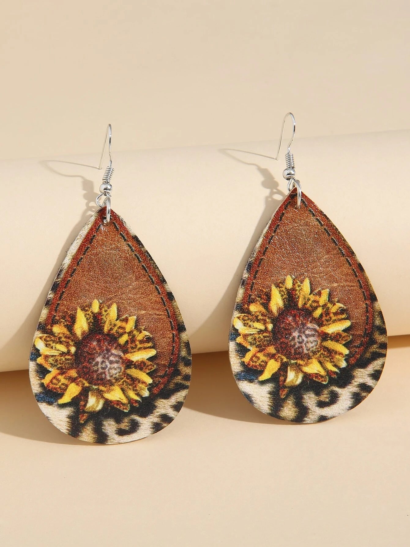 Sunflower w/ Leopard Detail Leather Style Earrings