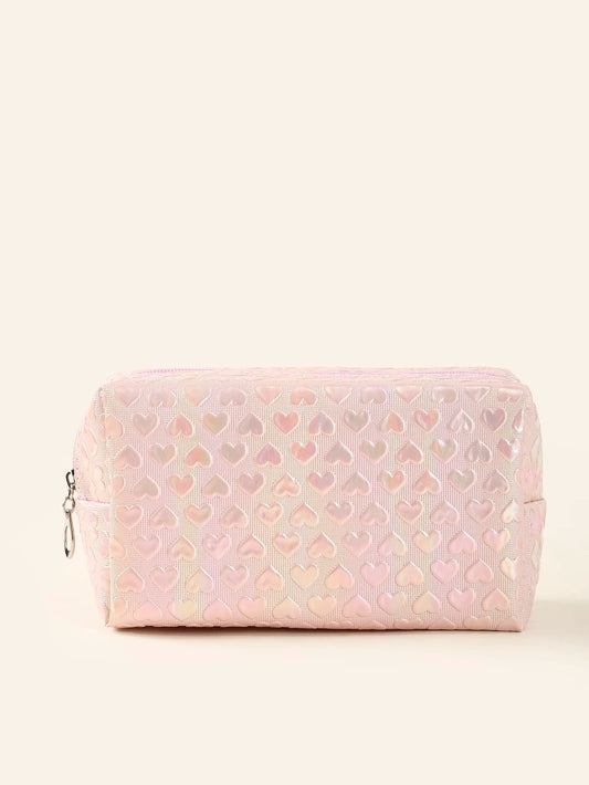 Pink Iridescent Heart Cosmetic Bag