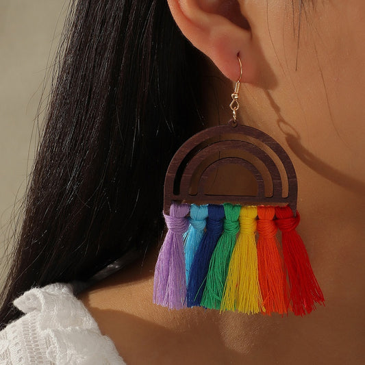 Wooden Rainbow Shaped Earrings w/ Multicolored Tassels