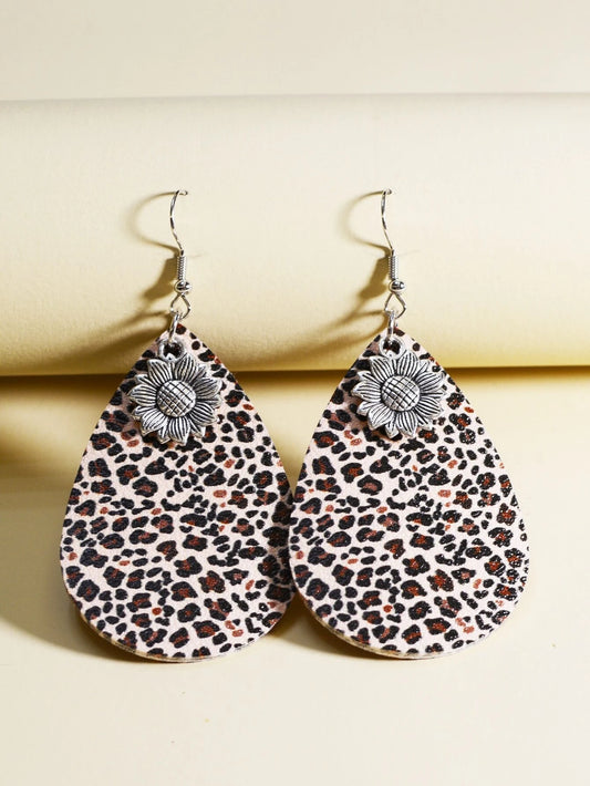 Leopard Print Teardrop Earrings w/ Sunflower Charm