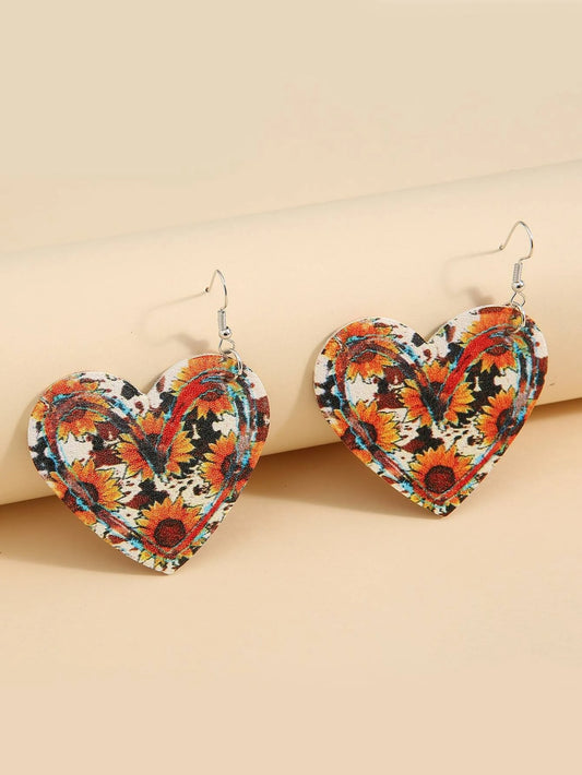 Sunflower Cow Print Leather Style Earrings