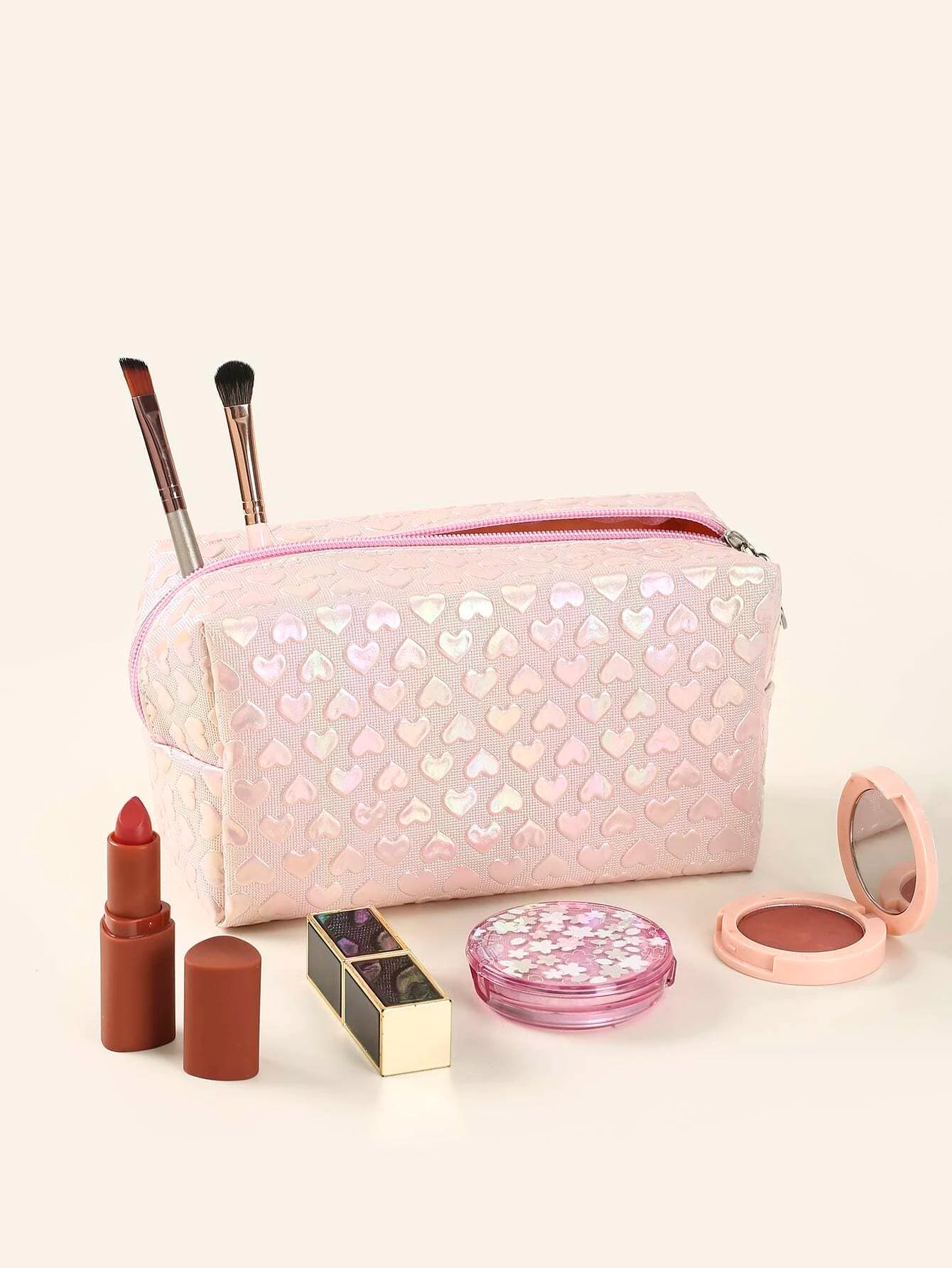 Pink Iridescent Heart Cosmetic Bag