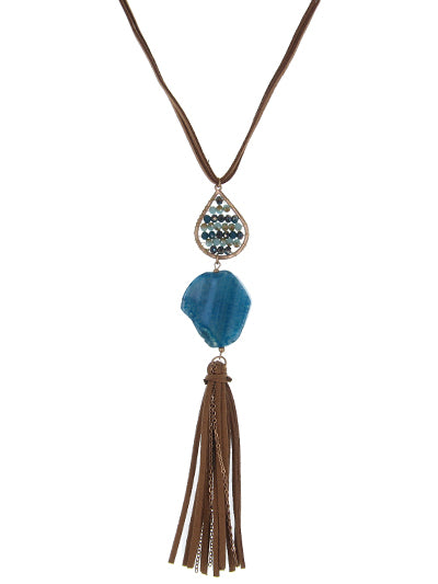 Brown Suede Necklace w/ Blue Stone Pendant & Blue Faceted Beads