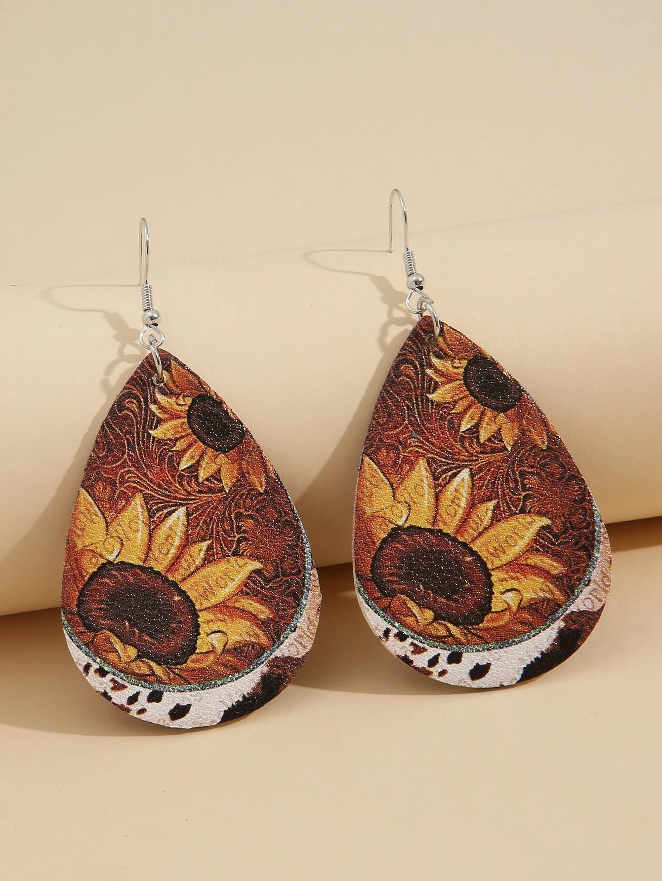 Sunflower Cow Print Leather Style Earrings