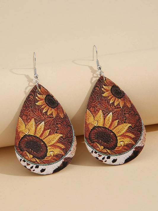 Sunflower Cow Print Leather Style Earrings
