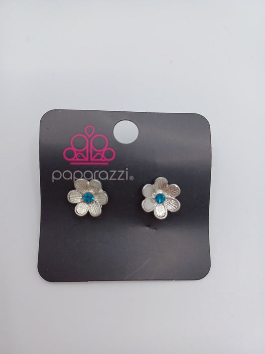 Silver Flower Earrings w/ Blue Rhinestone Center