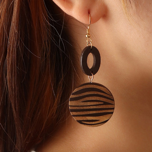 Circular Wooden Earrings w/ Zebra Design
