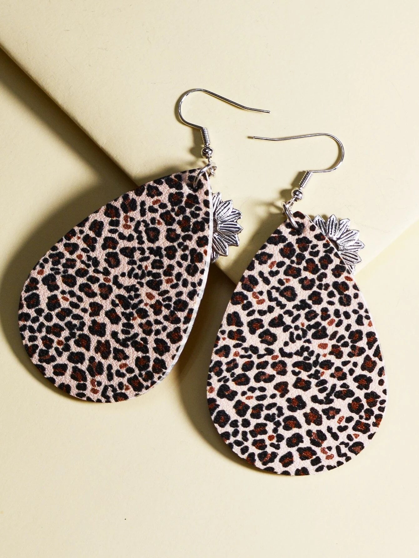 Leopard Print Teardrop Earrings w/ Sunflower Charm
