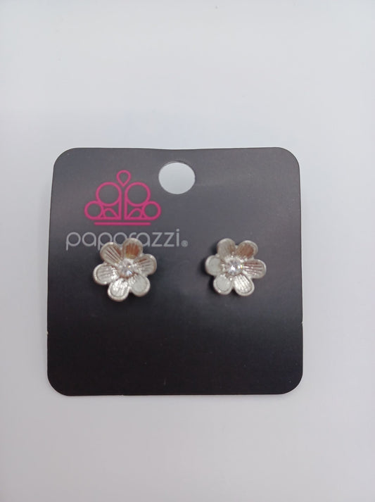 Silver Flower Earrings w/ White Rhinestone Center