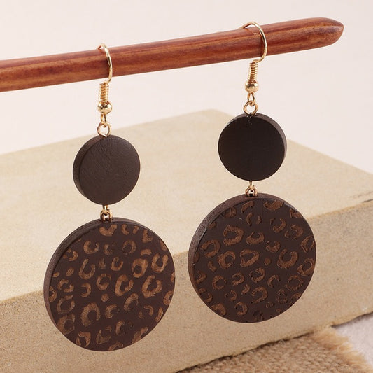 Brown Wooden Earrings w/ Leopard Etched Pattern
