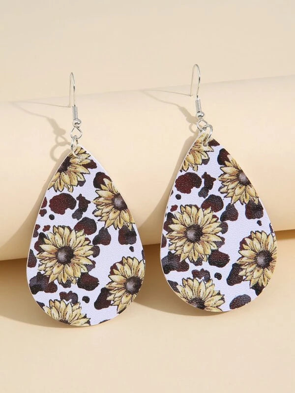Sunflower Cow Print Leather Style Earrings