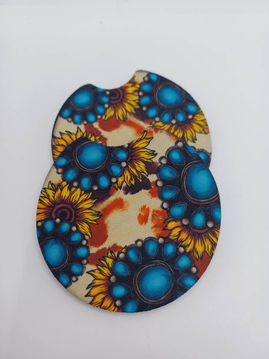 Turquoise & Brown Cow Print Car Coaster Set
