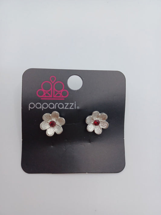 Silver Flower Earrings w/ Pink Rhinestone Center