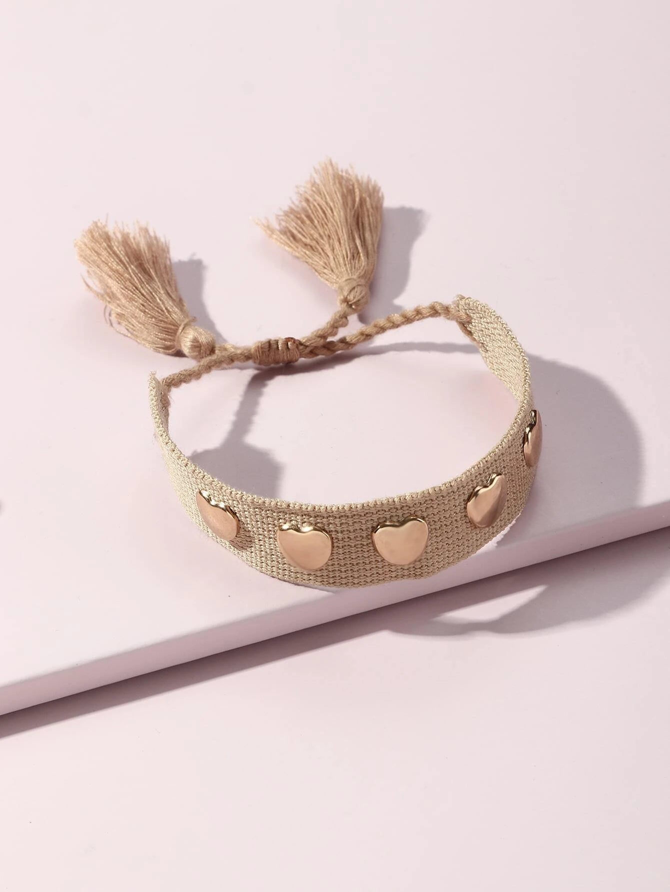 Brown Woven Pull Style Bracelet w/ Gold Heart Embellishments