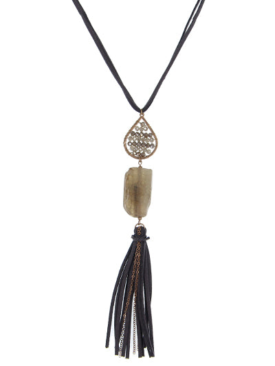 Brown Suede Necklace w/ Grey & Brown Stone Pendant & Champagne Faceted Beads