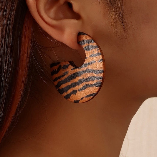 Wooden Post hoop Earrings w/ Zebra Pattern