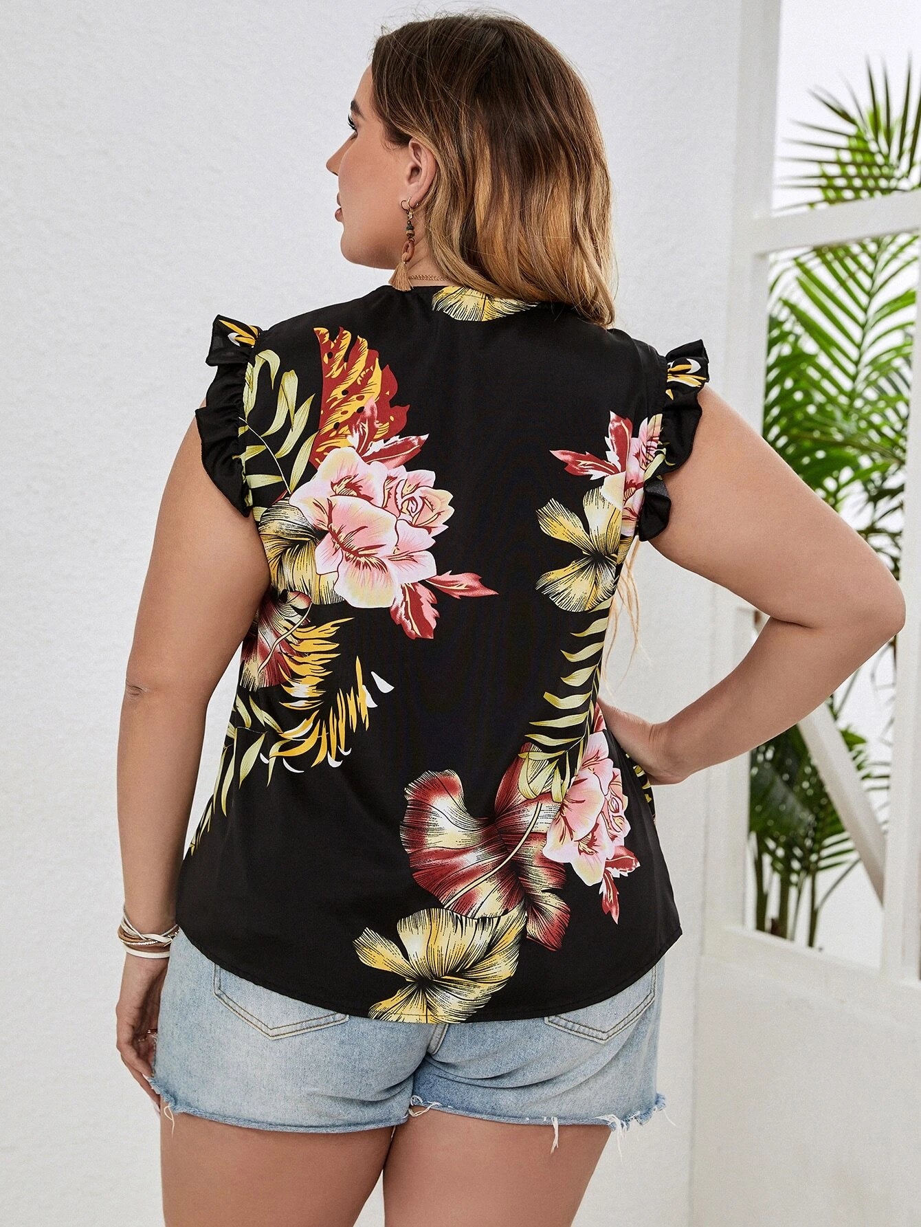 Black Floral Ruffle Top